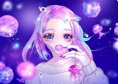 Anime Girl with Jellyfish and Bubbles