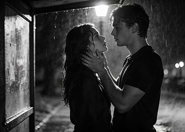 Couple embracing in the rain