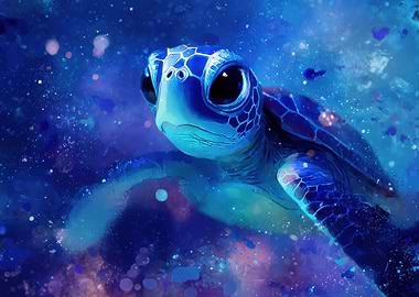 Cute Blue Sea Turtle in Space
