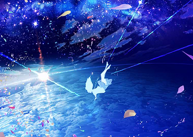 Girl falling through starry sky