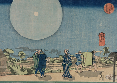 Japanese Travelers Under a Large Moon