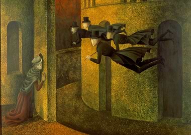 Surreal Flight of Top-Hatted Figures