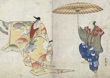 Two Japanese figures with fans and umbrella