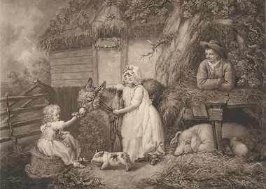 Children feeding a donkey and pigs