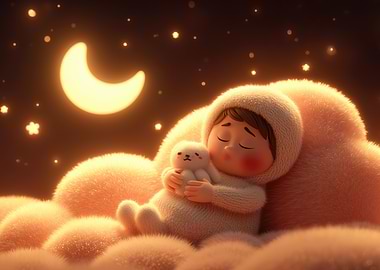 Child Sleeping on Clouds with Moon