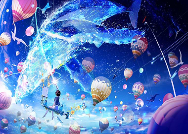 Anime Girl on Swing in Dreamlike Sky