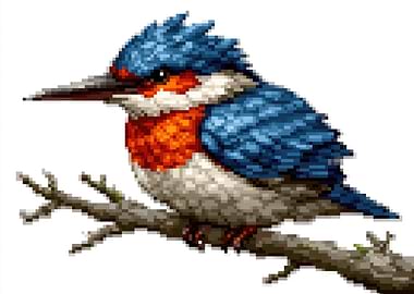 Pixel Art Kingfisher Bird on Branch