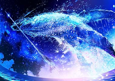 Whale breaching in a starry ocean