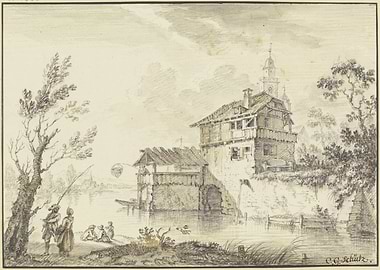 Riverside Scene with Buildings and Figures