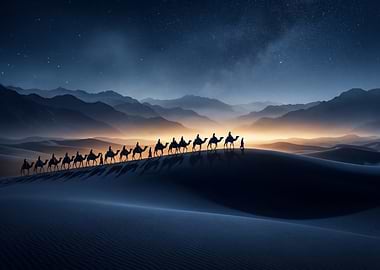 Camel Caravan in Desert at Night
