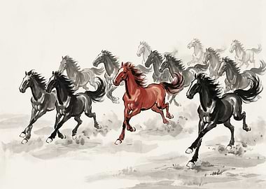 Galloping Horses in Ink Wash Style