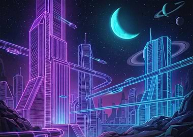 Neon Cyberpunk Cityscape with Planets