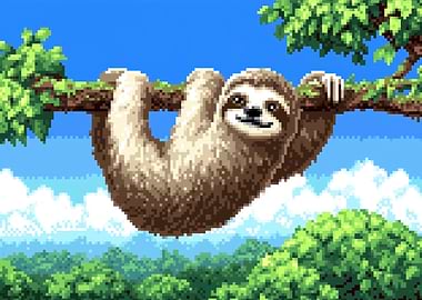 Pixel Art Sloth Hanging on a Tree Branch