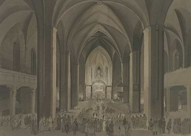 Interior of a Gothic Church with a Congregation