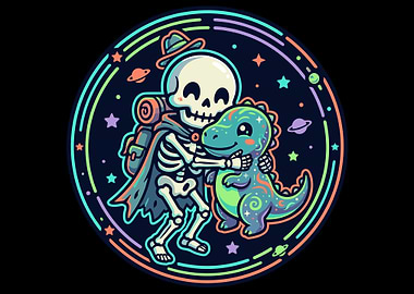 Skeleton Hugging a Dinosaur in Space