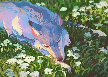 Wolf Sleeping in a Field of Flowers