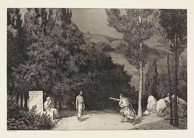 Two figures in a wooded landscape