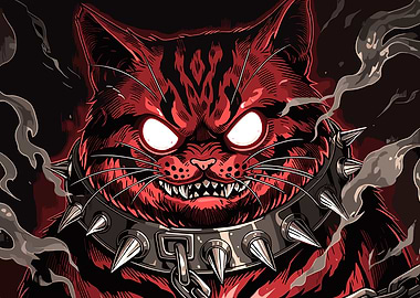 Demonic Red Cat with Spiked Collar
