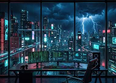 Cyberpunk Cityscape with Computer Setup