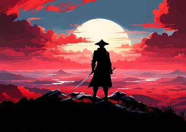 Samurai Silhouette Against a Red Sky