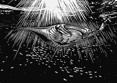 Manta Ray Swimming Under Sunbeams