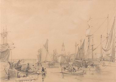Busy Harbor Scene with Sailboats and Rowboats