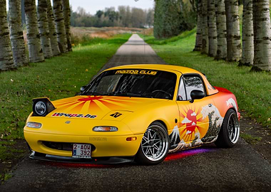 Yellow Mazda Miata with Japanese Art