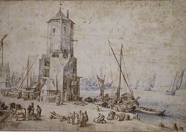 Harbor scene with tower and boats