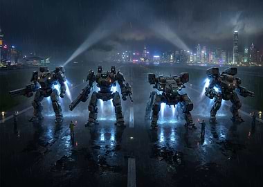 Mechs in a Rainy Cityscape