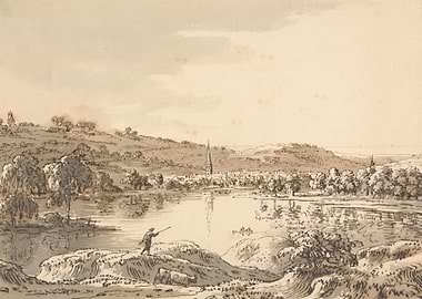 Fisherman by a Lake with Town in Background