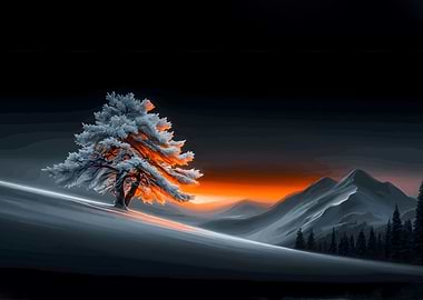 Snowy Tree at Sunset