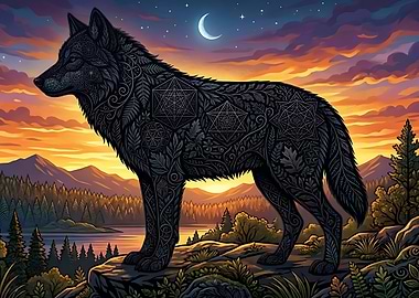 Ornate Wolf Under Crescent Moon