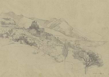 Pencil Sketch of a Hillside Village and Mountains