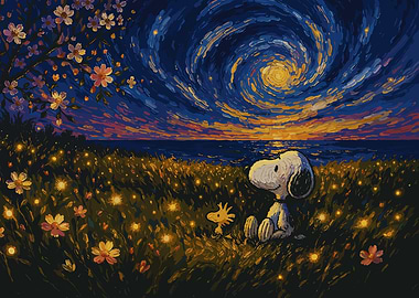 Snoopy and Woodstock under a starry sky
