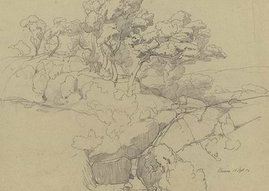 Pencil Sketch of Rocky Landscape with Trees