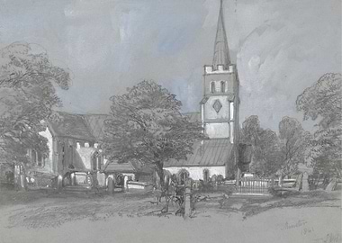 Pencil sketch of a church and graveyard