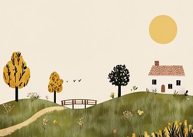 Idyllic Countryside Scene with House and Bridge