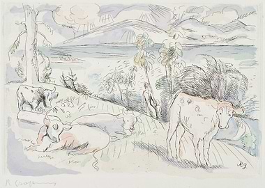 Cows by the Lake with Mountains