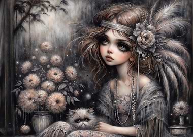 Whimsical Art Nouveau Girl with Cat