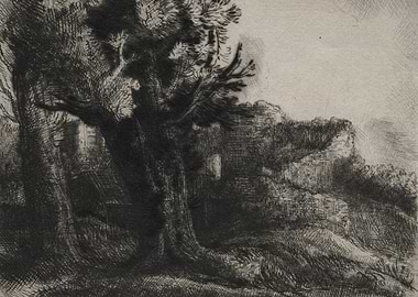 Etching of a wooded landscape with ruins