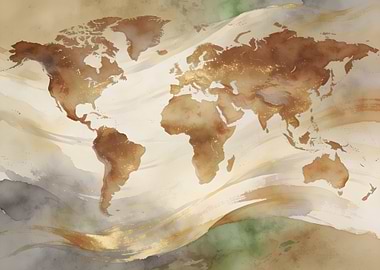 Watercolor World Map with Golden Accents