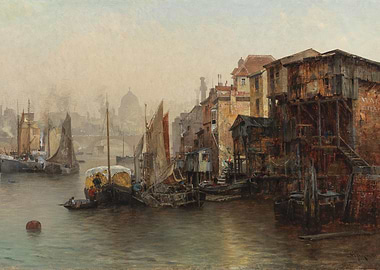 Misty London River Scene with Boats