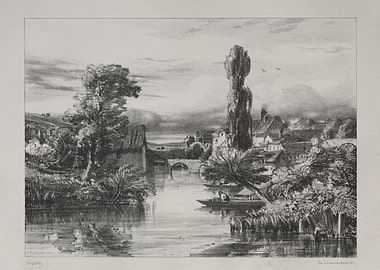 River scene with village and bridge