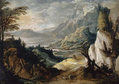 Panoramic Mountain Landscape with Travelers