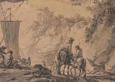 Figures on horseback by a rocky landscape and boat