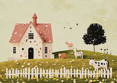 Whimsical Farm Scene with Animals and House