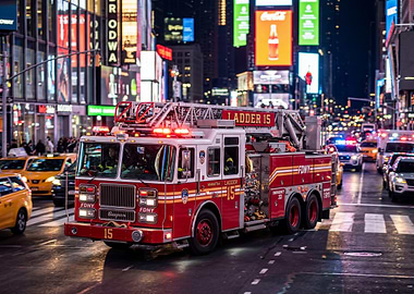 Fire truck in Times Square at night