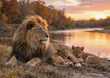 Lion Family at Sunset
