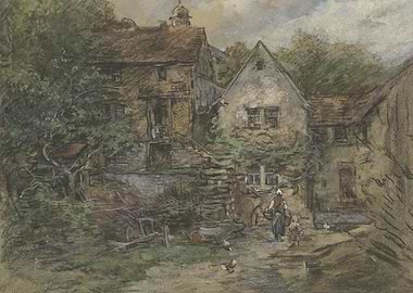 Rural Village Scene with Figures and Animals