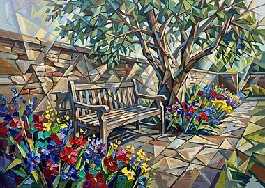 Garden Bench with Irises and Stone Wall
